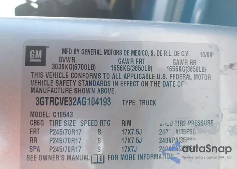 2010 GMC Sierra 1500 Xtra Fuel Economy z USA, uszkodzony, nr VIN 3GTRCVE32AG104193